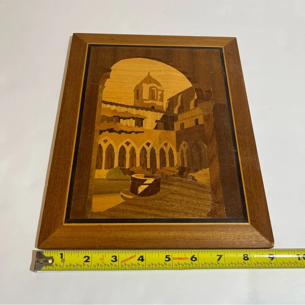 Inlaid Wood Picture Building Church 9”X12” Wall Hanging Vintage ?Made in Italy - Picture 6 of 7
